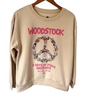 Woodstock Floral Peace Sign Sweatshirt Beige Fleece Lined Crewneck Women’s Large